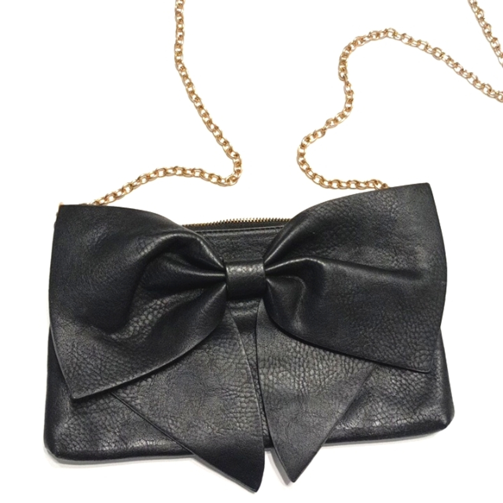 Large Bow Black Faux Leather Gold Chain Shoulder Bag Handbag Clutch - Picture 2 of 8